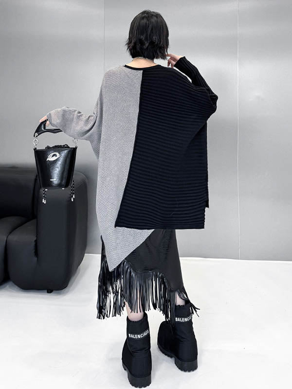 Batwing Sleeves Irregularity Asymmetric Contrast Color Split-Joint Textured V-Neck Sweater Tops