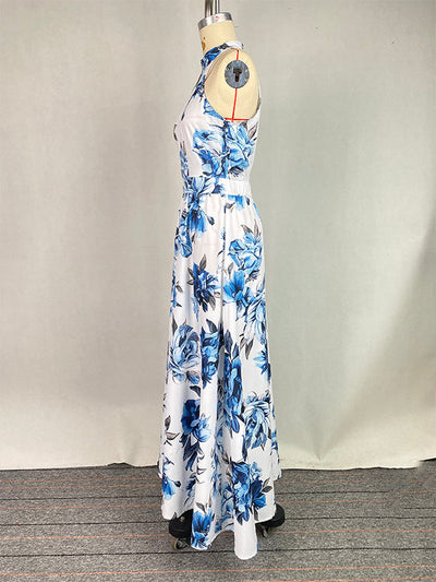 A-Line High Waisted Contrast Color Flower Print Pleated Halter-Neck Maxi Dresses