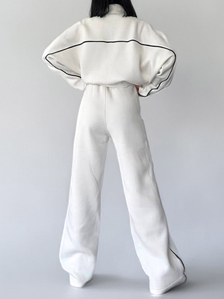 Contrast Color Line Split-Joint Zipper Lapel Outerwear +  Elasticated Waist High Waisted Drawstring  Pants Two Pieces Set