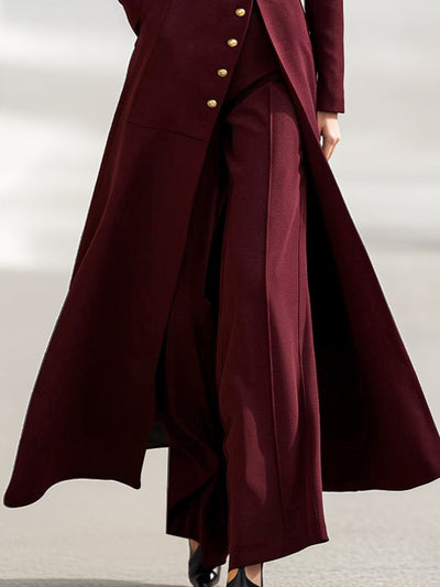 High Waisted Long Sleeves Buttoned Solid Color Split-Front Round-Neck Midi Dresses