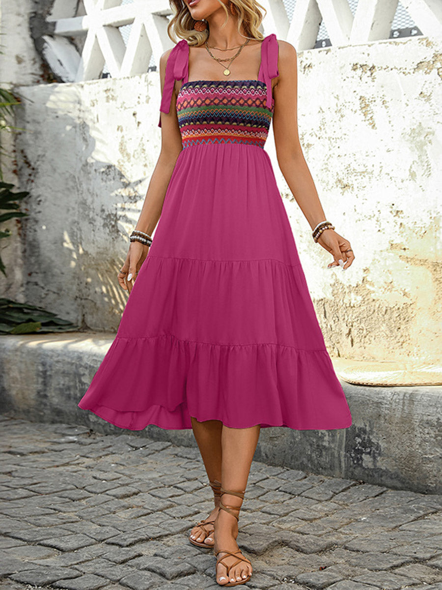 A-Line High Waisted Contrast Color Jacquard Pleated Split-Joint Adjustable Straps Midi Dresses