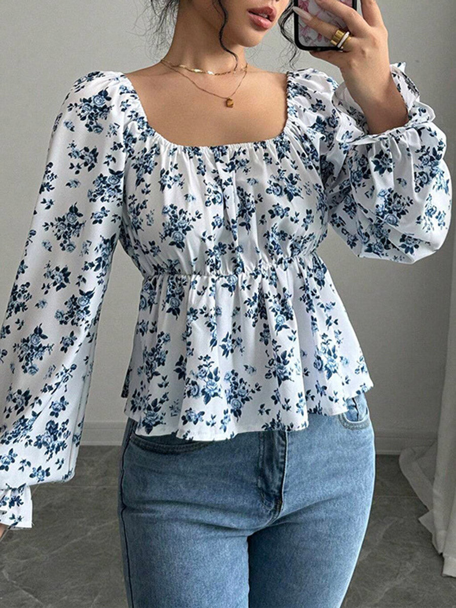 Elasticated Waist High Waisted Contrast Color Flower Print Pleated Ruffled Split-Joint Square-Neck Blouses&Shirts Tops