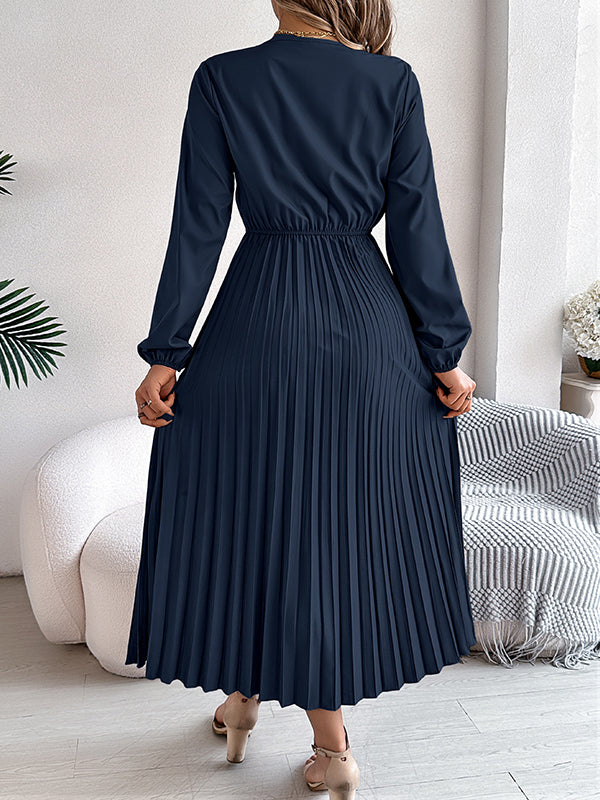 Elasticated Waist High Waisted Pleated Solid Color V-Neck Midi Dresses
