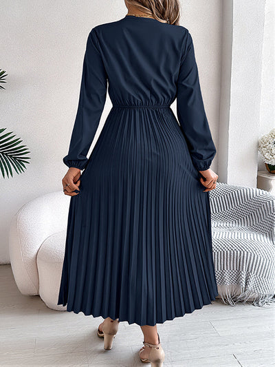 Elasticated Waist High Waisted Pleated Solid Color V-Neck Midi Dresses