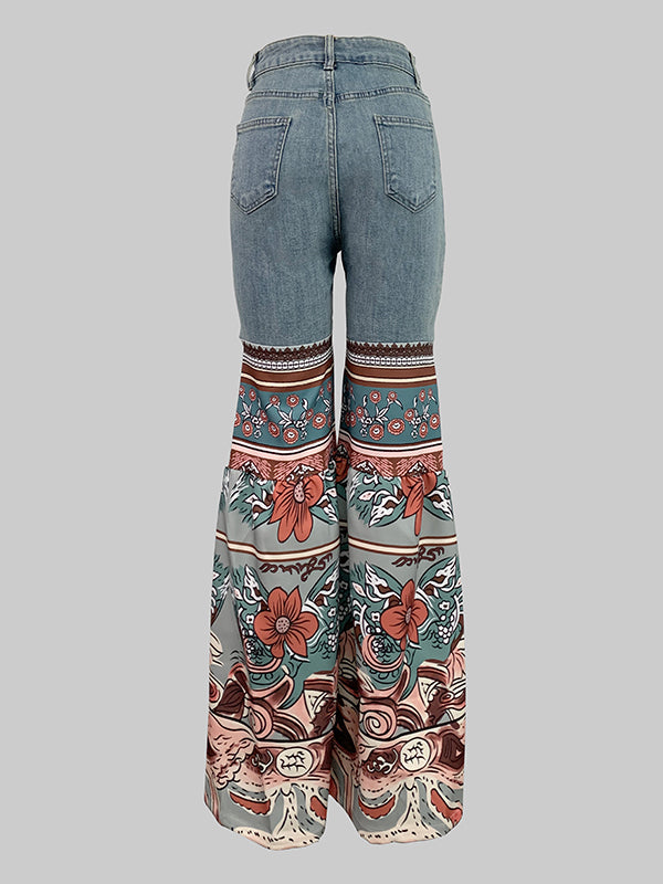Flared Pants Floral Printed High-Waisted Pockets Jean Pants Bottoms
