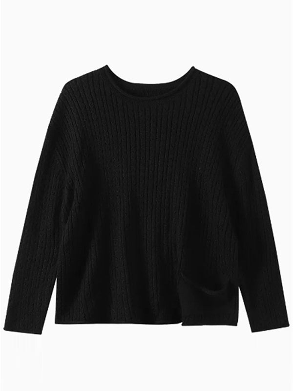 Artistic Retro Loose Long Sleeves Jacquard Solid Color Round-Neck Sweater Tops