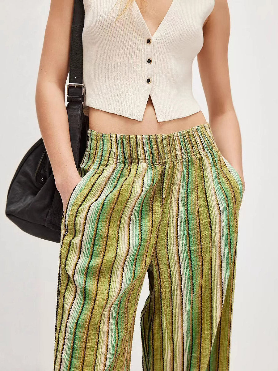 Elasticated Waist High Waisted Contrast Color Printed Split-Joint Striped Pants