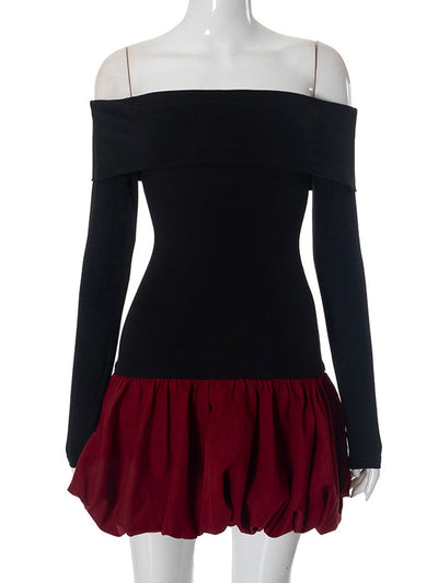 High Waisted Long Sleeves Contrast Color Pleated Split-Joint Off-The-Shoulder Mini Dresses