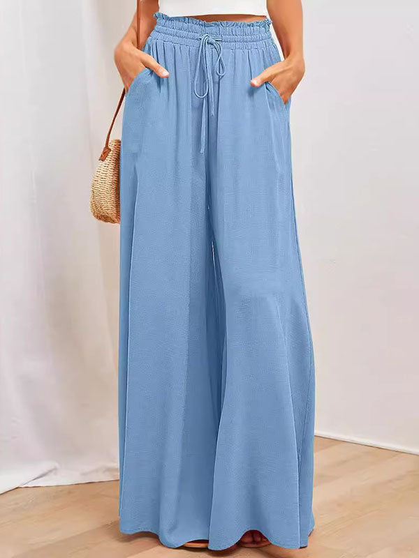 High Waisted Loose Drawstring Elasticity Pockets Solid Color Pants Trousers