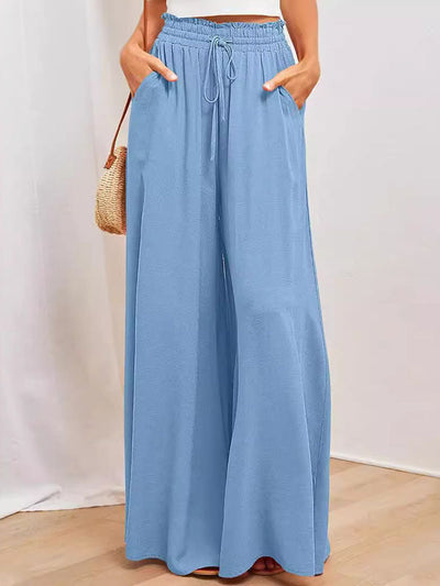 High Waisted Loose Drawstring Elasticity Pockets Solid Color Pants Trousers