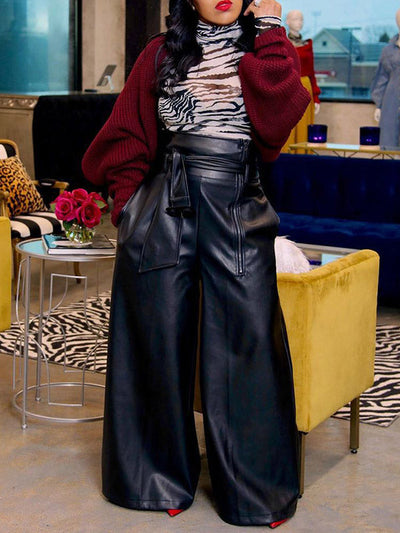 High Waisted Wide Leg Belted Solid Color Zipper Pants Trousers