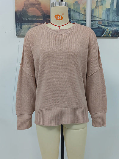 Casual Long Sleeves Loose Split-Side Solid Color Round-Neck Sweater Tops