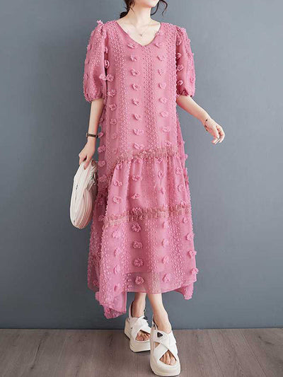 A-Line Half Sleeves Elasticity Jacquard Solid Color Split-Joint V-Neck Midi Dresses