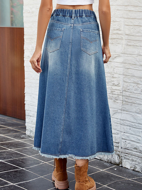 A-Line Loose Buttoned Elasticity Fringed Pockets Split-Joint Skirts Bottoms