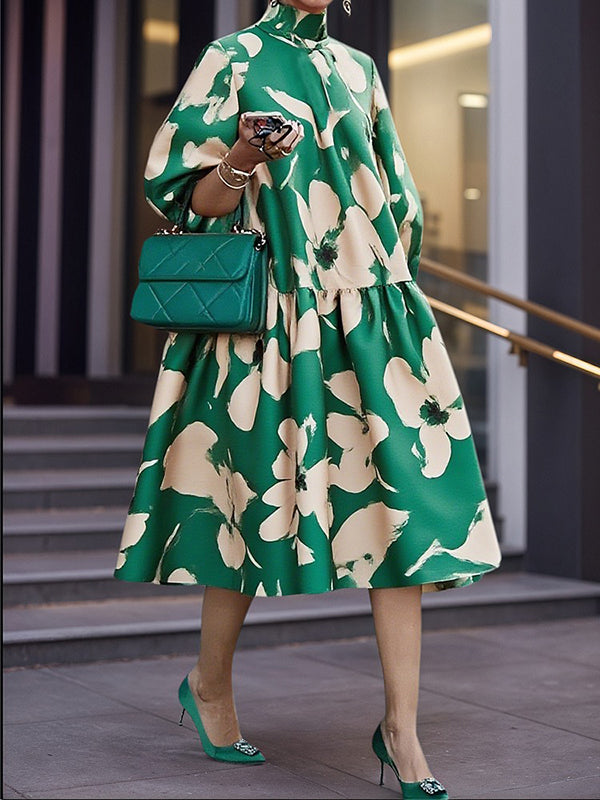 Half Sleeves Loose Flower Print High Neck Midi Dresses