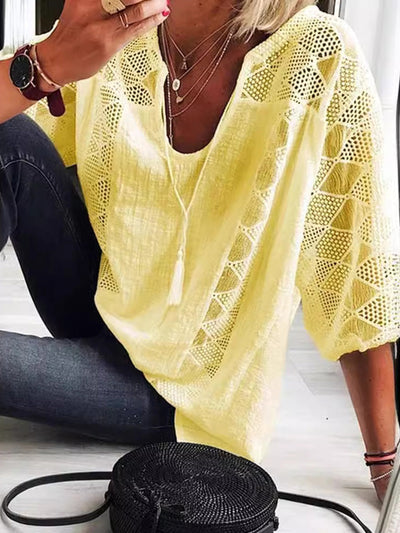 Loose Plus Size Drawstring Hollow Solid Color Split-Joint Tasseled V-Neck Blouses&Shirts Tops