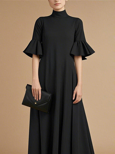 A-Line Flared Sleeves Pleated Solid Color Mock Neck Maxi Dresses
