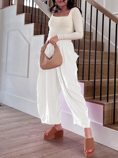 High Waisted Loose Drawstring Elasticity Pleated Pockets Solid Color Ninth Pants Trousers