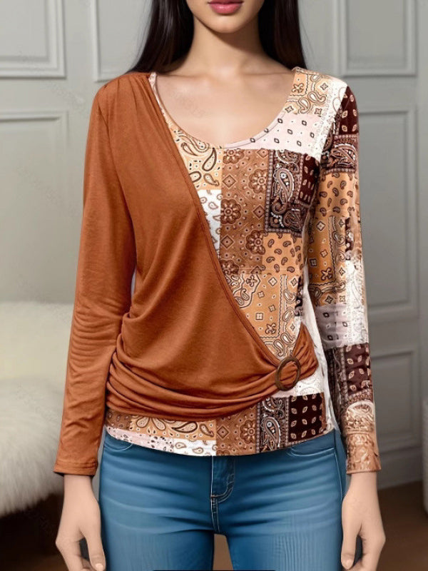 Irregularity Long Sleeves Asymmetric Buckle Contrast Color Pleated Split-Joint Round-Neck T-Shirts Tops