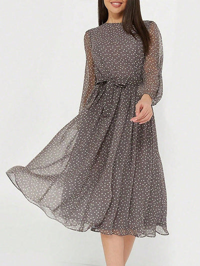 A-Line High Waisted Polka-Dot Tied Waist Round-Neck Midi Dresses
