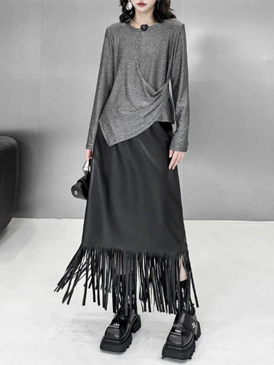 Hipster Long Sleeves Asymmetric Solid Color Round-Neck T-Shirts Tops