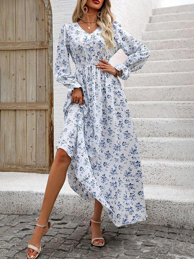 Long Sleeves Loose Elasticity Floral Printed V-Neck Maxi Dresses