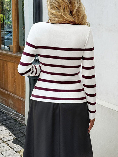 Long Sleeves Skinny Buttoned Contrast Color Split-Joint Striped Round-Neck Cardigan Tops Outerwear