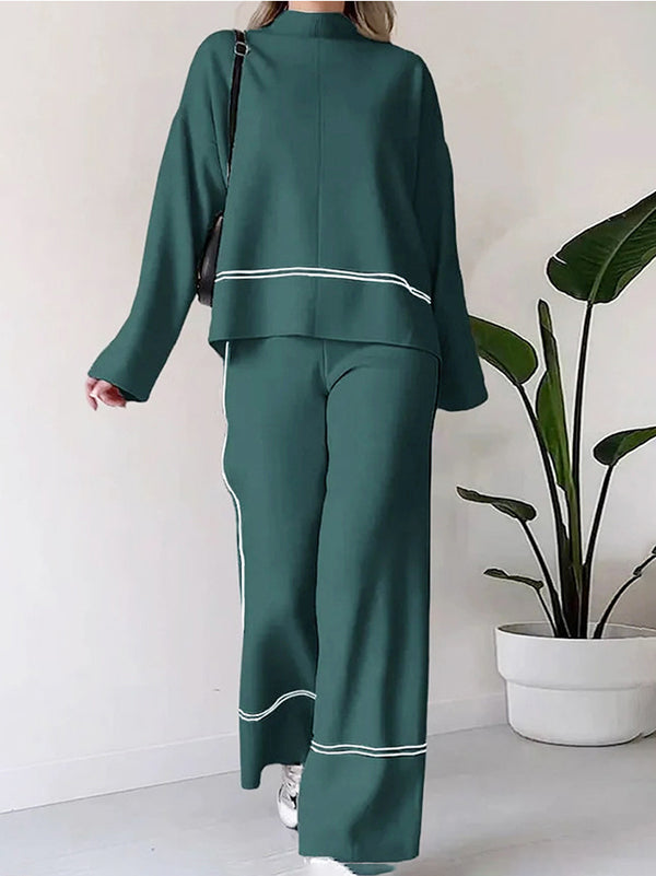 High-Low Contrast Color Split-Side Round-Neck Sweater Top + High Waisted Pants Bottom Two Pieces Set