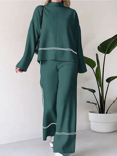 High-Low Contrast Color Split-Side Round-Neck Sweater Top + High Waisted Pants Bottom Two Pieces Set