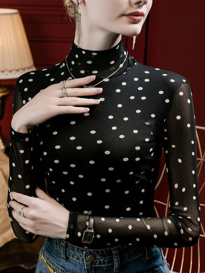 Long Sleeves Plus Size Polka-Dot Mock Neck T-Shirts Tops