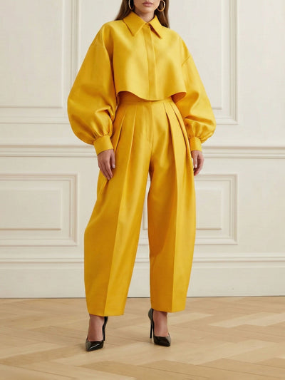 Long Sleeves Loose Buttoned Pleated Solid Color Lapel Blouses&Shirts Tops
