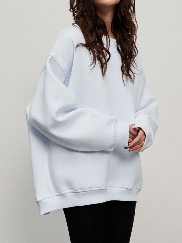 Long Sleeves Loose Solid Color Round-Neck Sweatshirt Tops
