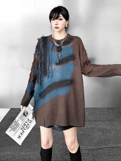 Irregularity Long Sleeves Abstract Printed Asymmetric Contrast Color Split-Joint Tasseled Round-Neck Sweater Tops