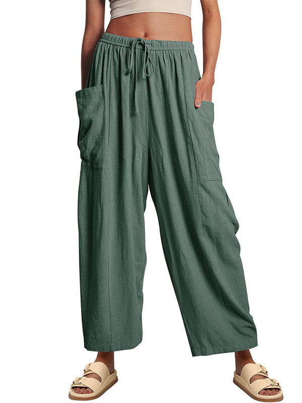 High Waisted Loose Drawstring Elasticity Pleated Pockets Solid Color Ninth Pants Trousers
