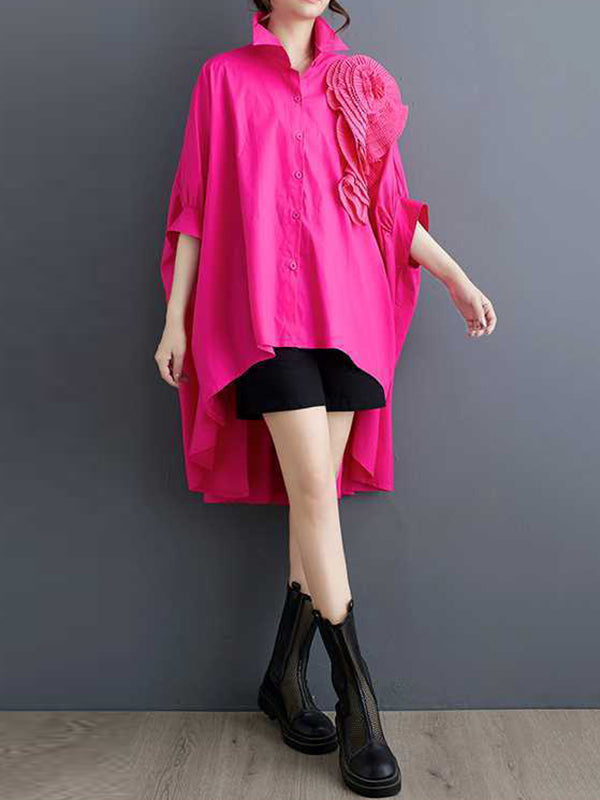 Batwing Sleeves Half Sleeves Asymmetric Buttoned Pleated Solid Color Three-Dimensional Flower Lapel Blouses&Shirts Tops