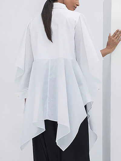 Flared Sleeves Half Sleeves Buttoned Solid Color Split-Joint Lapel Blouses&Shirts Tops