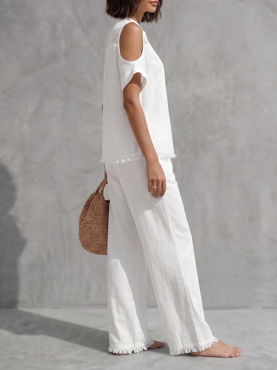 Fringed Cold Shoulder Half-Zip Solid Color Short Sleeve Blouses&Shirts Tops +  Pants Bottoms Trousers Two Pieces Set