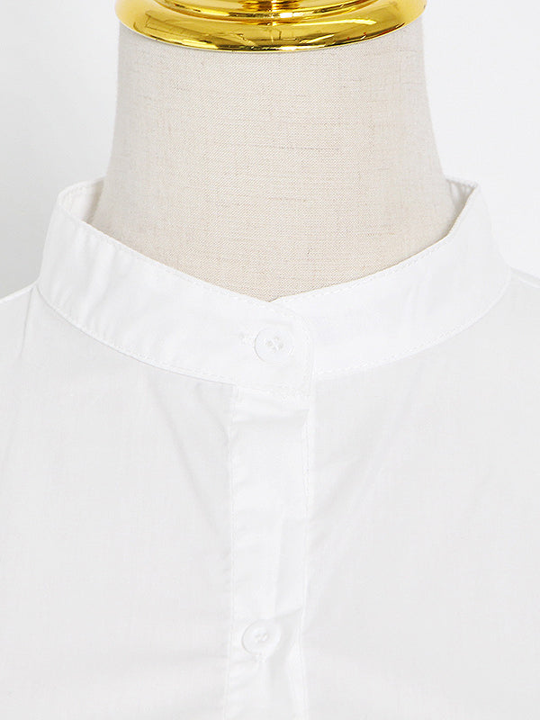 Stylish Loose Long Sleeves Buttoned Falbala Belted Solid Color Stand Collar Blouses&Shirts Tops