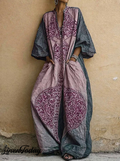 Loose Three-Quarter Sleeves Contrast Color Ethnic Printed Pockets V-Neck Jumpsuits
