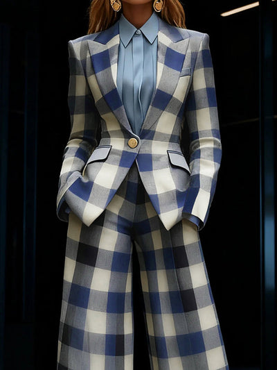 Long Sleeves Loose Buttoned Contrast Color Plaid Pockets Notched Collar Blazer Outerwear