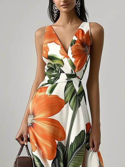 Loose Sleeveless Floral Printed Split-Joint V-Neck Evening Dresses Maxi Dresses