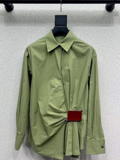 Long Sleeves Loose Buttoned Pleated Solid Color Lapel Blouses&Shirts Tops