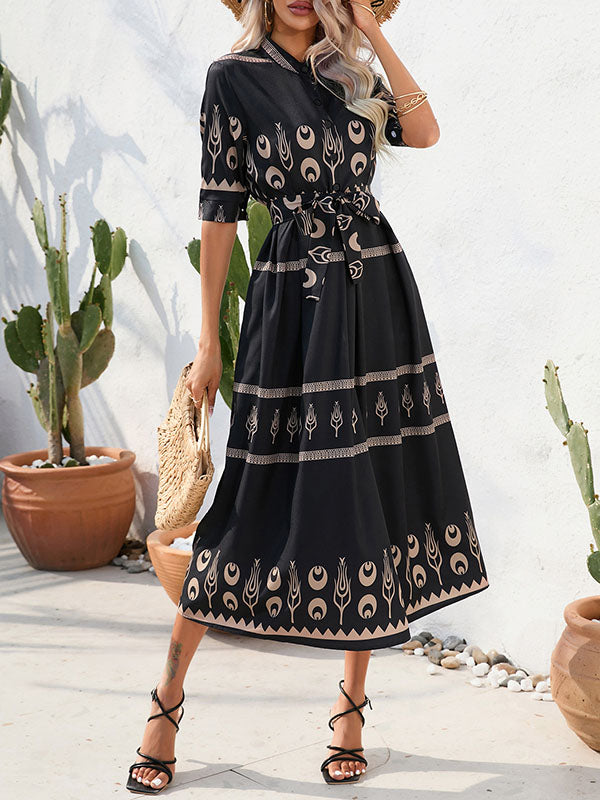 A-Line Half Sleeves Buttoned Tied Waist Lapel Midi Dresses