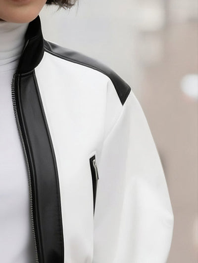 Puff Sleeves Contrast Color Split-Joint Zipper Stand Collar Jackets&Coats