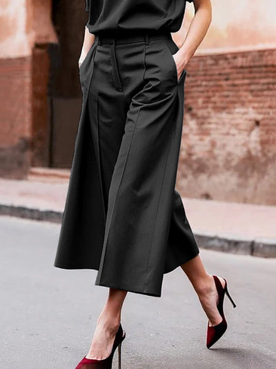 Loose Wide Leg Pockets Solid Color Ninth Pants Trousers