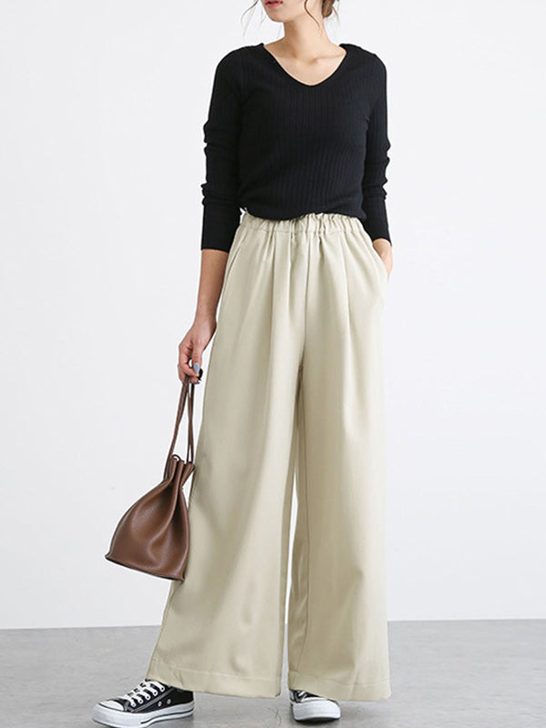 High Waisted Wide Leg Elasticity Solid Color Split-Joint Wide Side Pants Trousers