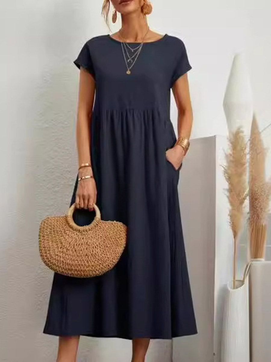 A-Line Plus Size Pleated Pockets Solid Color Round-Neck Midi Dresses