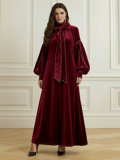 A-Line Long Sleeves Bow-Embellished Pleated Solid Color Split-Joint High Neck Maxi Dresses
