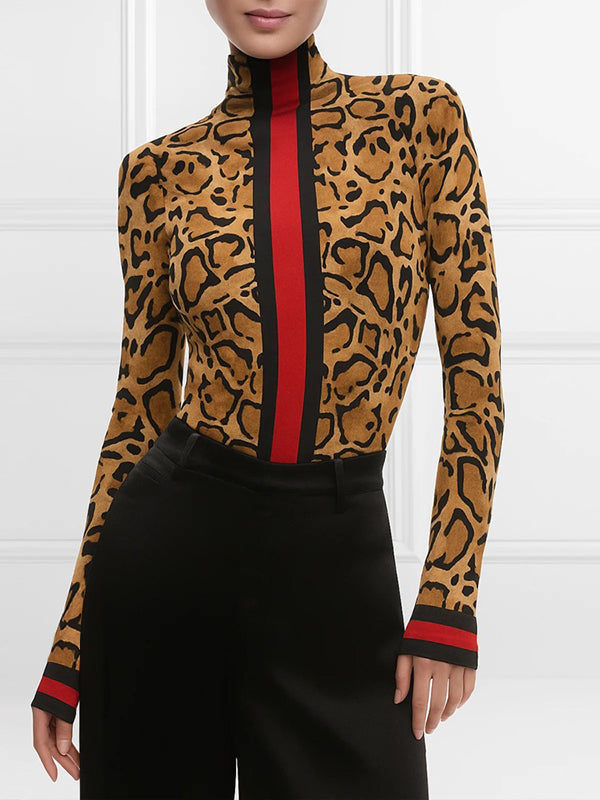 Long Sleeves Skinny Contrast Color Leopard High Neck T-Shirts Tops