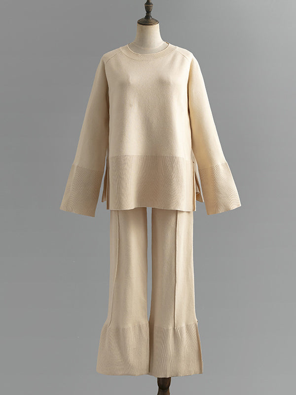Casual Long Sleeves Loose Solid Color Round-Neck Sweater Tops & Wide Leg Pants Two Pieces Set